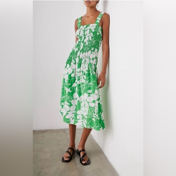 NWOT RAILS Seville Green Lotus Smocked Drop Waist Midi Dress 💚 Large - Picture 4 of 16